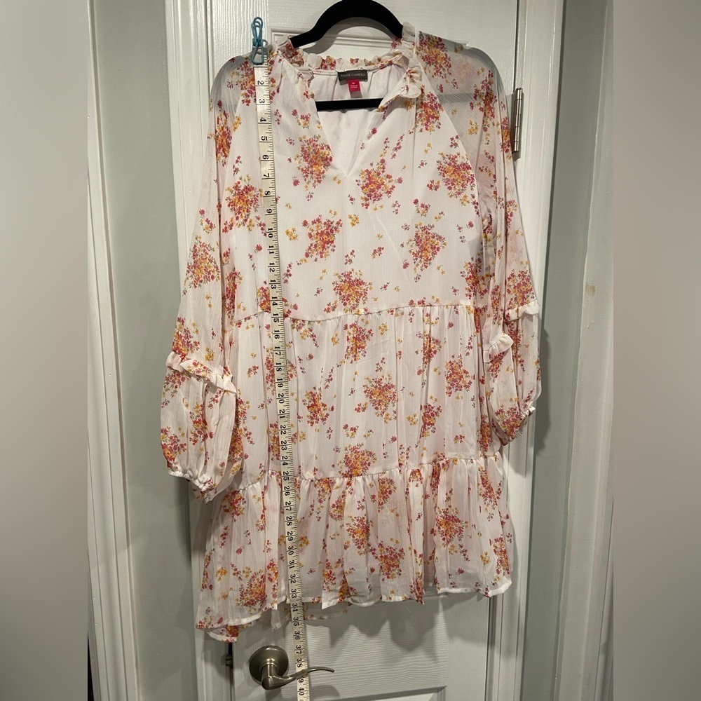 NWT Vince Camuto Size M White Floral Ruffle Flowy Long Sleeve Sheer Mini Dress - Picture 7 of 14
